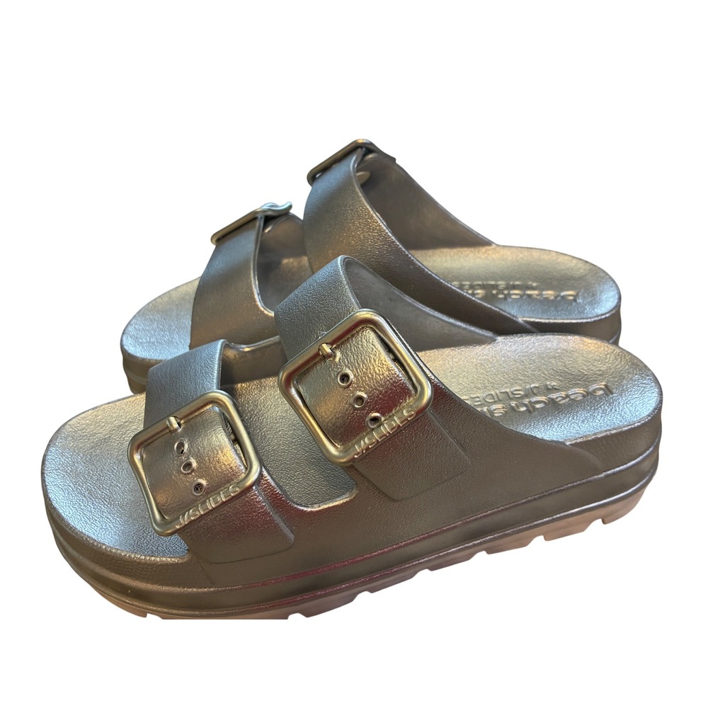 J/Slides Beach Slides Women Size 7 Silver Excellent Metallic Platform Sandals